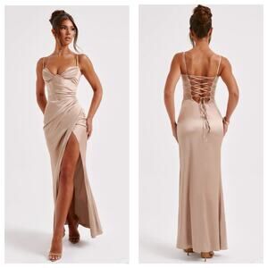 Babyboo Zola Champagne Maxi Dress Size XS Satin Corset Lace Up Gown Wedding